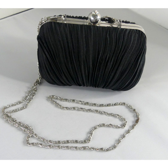 JACQUELINE FERRAR Black Satin Clutch Purse Pleated Vtg Silver Chain Crossbody - Picture 4 of 8